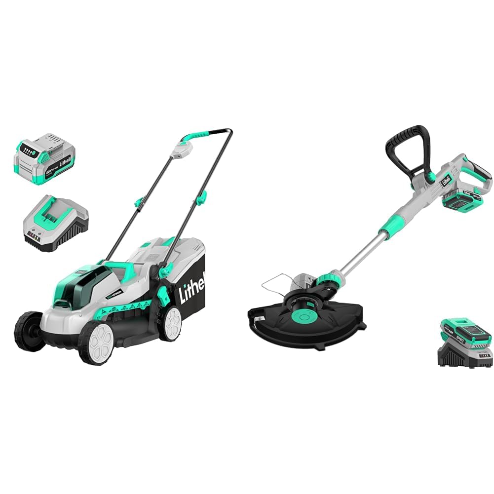 LiTHELi 20V Cordless Lawn Mower & String Trimmer Bundle for Yard Work with Brushless Motor & Wheeled Edger
