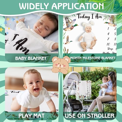 Image of Mallard Duck Monthly Milestone Blanket for Baby Boy Flannel Newborn Infant Swaddle Growth Chart Photography Background with Baby Birth Signs, Felt Frames, Bibs