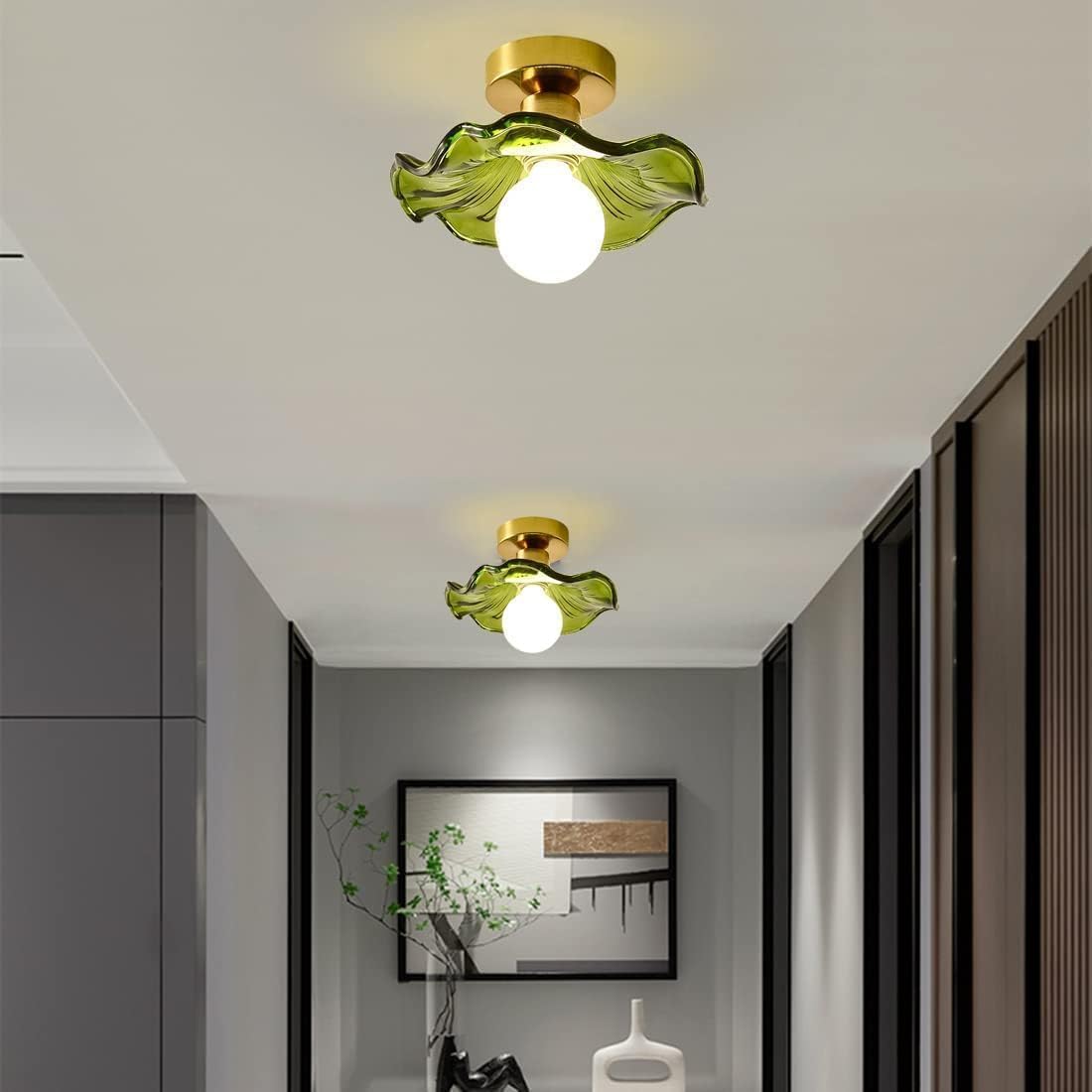 Lámpara Green Semi Flush Mount Ceiling Light Vintage Lotus Flower Glass Shade Close to Ceiling Light Fixtures Brass Small Ceiling Lighting for Hallway Kitchen Bathroom Foyer Corridor