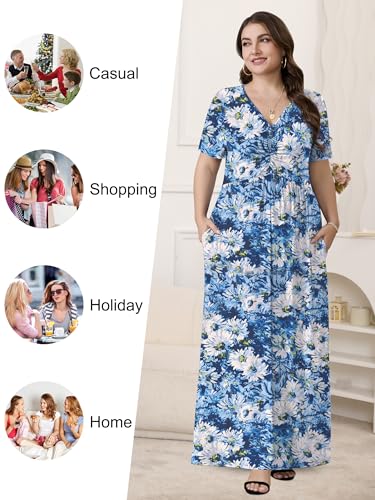 Image of PEVRL Plus Size Summer Maxi Dress for Curvy Women with Pockets 1X-5X | Short Sleeve, Twisted Front V-Neck, Summer Casual A Line Flowy Dress, Empire Waist Floral Print Beach Vacation Long Dress