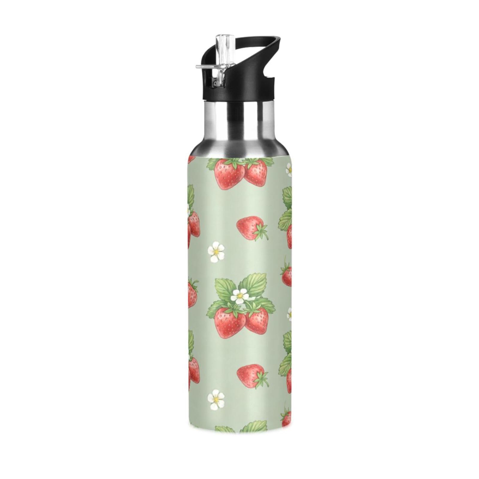 BOESI Strawberry Pattern Insulated Water Bottle 600ml, Stainless Steel Vacuum Sports Bottle with Straw, Leak Proof Thermal Bottle for Gym Travel Outdoor