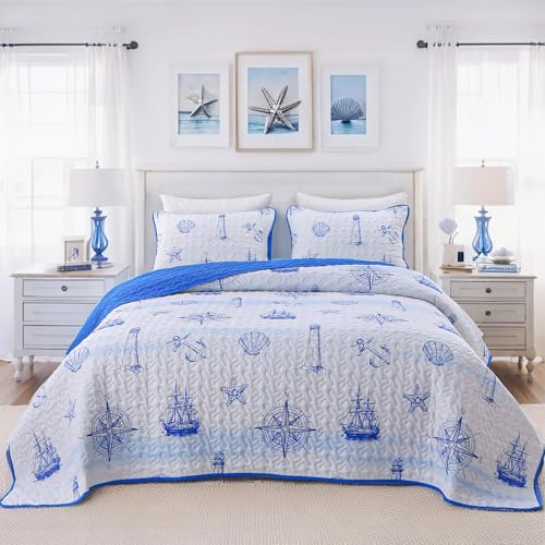 Coastal Nautical Quilt Set, Queen Size Beach Coverlet Blue Watchtower sailboat compass bedspread...