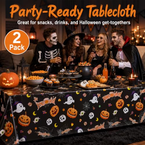 Oeyliz Halloween Tablecloth Disposable Plastic Table Cloth 2 Pack Black - image 2