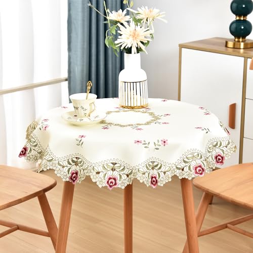 Wolkemer Jacquard Small Round Tablecloth Vintage Floral Embroidered Lace Beige Table Cover for Nightstand End Bedside Tabletop Decoration 33 Inch