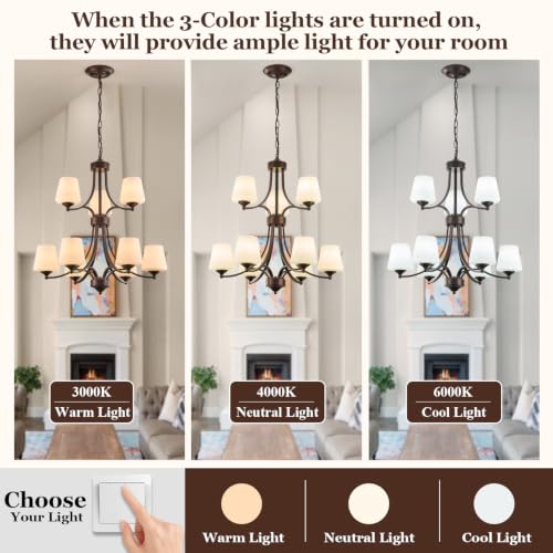 Image of 2 Tier Oil Rubbed Bronze Chandeliers 9 Light Large Modern Farmhouse Chandeliers for Dining Room Lights Fixture with Frosted Glass 47 inch Retro Chandeliers for Living Room Staircase, Height Adjustable