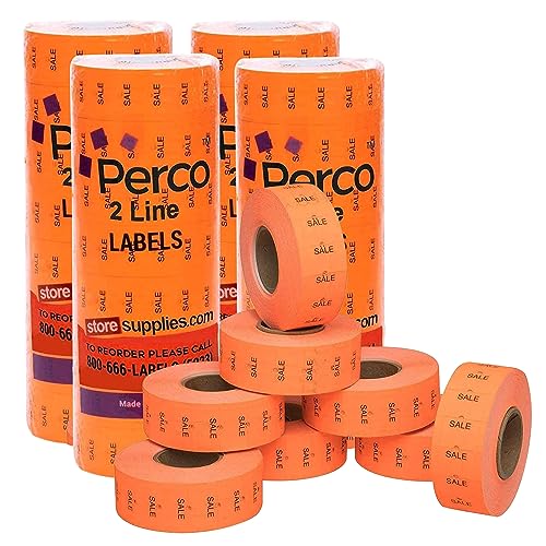 Perco 2 Line Fluorescent Red Sale Labels - 24,000 Blank Price and Date Gun Labels for Perco 2 Line Price and Date Guns - 32 Rolls, 4 Sleeves - Made in USA