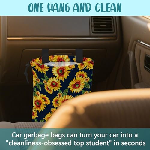 Image of Car Trash Bag Abstract Yellow Sunflowers Hanging Drawstring Car Organizer and Storage Bag with Adjustable Buckle Canvas Garbage Bin for Back Seat or Hanging Headrest Car Decor Road Trip Essentials