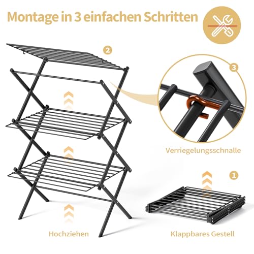 SYKIARIOL Klappbarer Wäscheständer - Mehrstöckiger, Faltbarer Wäschehänger aus Stahl für Großzügiges und Bequemes Trocknungserlebnis in Schwarz - Image 6