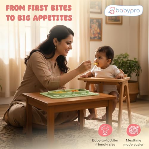 Image of BabyPro Pop-It Silicone Plate & Bowl, Suction Base, Sage Green, Food Grade | Baby Feeding Plate, BPA-Free, 3 Sections, Microwave & Dishwasher Safe