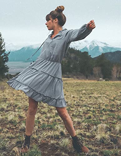 Btfbm Women Casual Spring Summer Dresses Tie V Neck Long Sleeve High Waist Ruffle Tiered A Line Swing Tunic Mini Dress(Long Sleeve Grey, Large) #TOP1