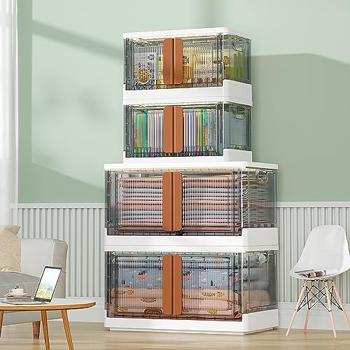 HAIXIN Storage Bins with Lids - Collapsible Storage Bins, Wardrobe Closet Organizer, 19 Gal Stackable Toy Storage, Foldable Plastic Storage Container with Door, Crate for Book Storage (3 Pack) - Thumbnail 4