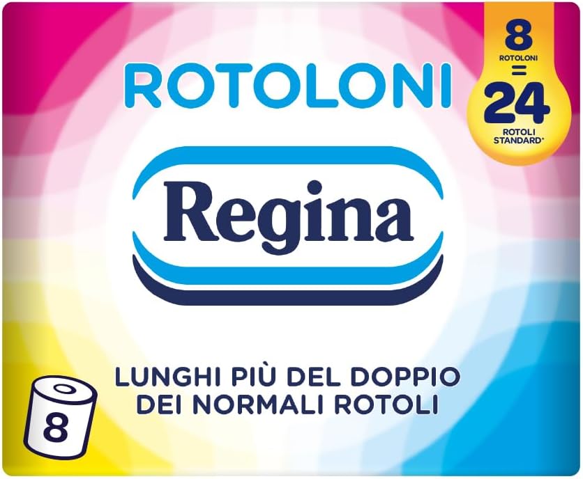 Rotoloni Regina - 8 Maxi Rotoli di Carta Igienica, 500 Fogli a 2 Veli, Lunghi Più del Doppio dei Normali Rotoli, Confezione 50% in Plastica Riciclata, Carta