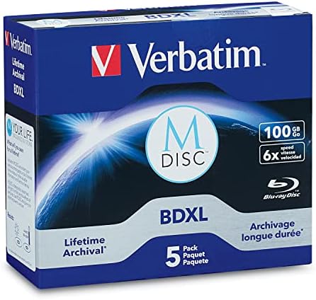 98913 Verbatim M-Disc BDXL 100GB 4X with Branded Surface – 5pk Jewel Case Box Blue