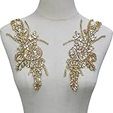 PEARLY JUN 1 Pair Rhinestone Beaded Applique Patches Gold Iron on Handcrafted Hot Fix Clothing Diamond DIY for Evening Dresses Bridal Gowns Dance Costumes Embellishments
