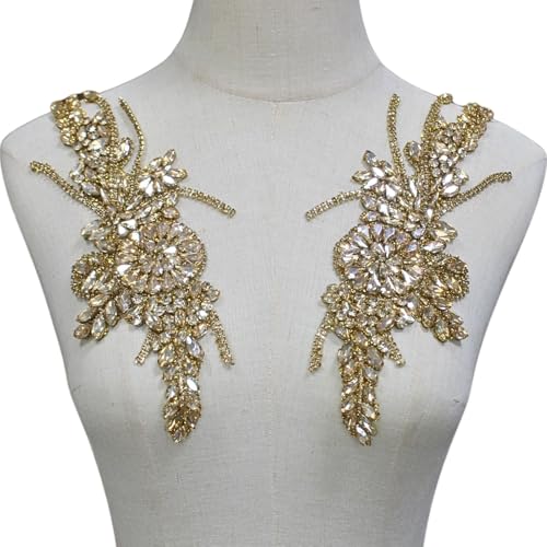 PEARLY JUN 1 Pair Rhinestone Beaded Applique Patches Gold Iron on Handcrafted Hot Fix Clothing Diamond DIY for Evening Dresses Bridal Gowns Dance Costumes Embellishments