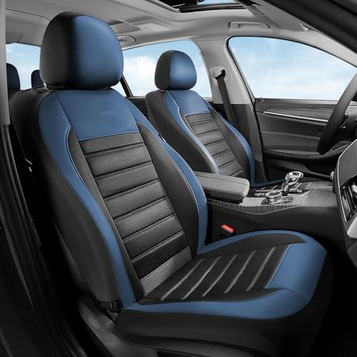 Image of Coverado Car Seat Covers Front Seats, Luxury Leather Car Seat Covers, Automotive Mesh Seat Covers 2 Pack, Airbag-Compatible, Black Blue Seat Covers for SUV Sedan Truck