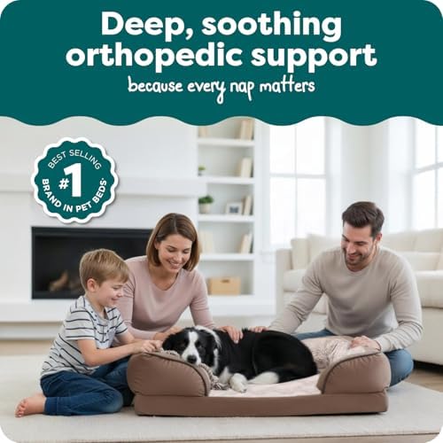 Furhaven Orthopedic Dog Bed for Large/Medium Dogs w/Removable Bolsters & Washable Cover, for Dogs Up to 55 lbs - Plush & Velvet Waves Perfect Comfort Sofa - Brownstone, Large - 1