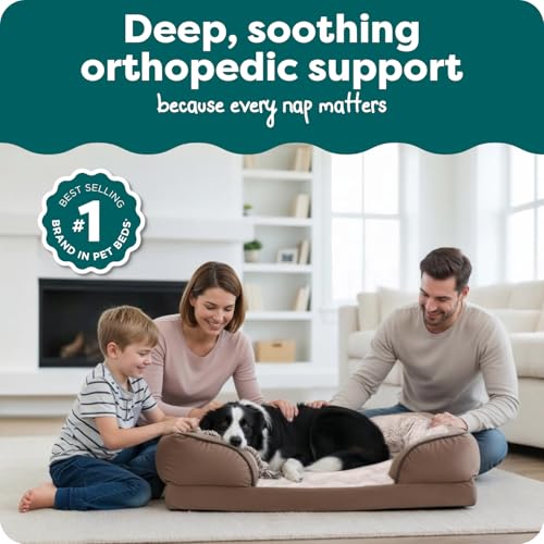 Furhaven Orthopedic Dog Bed for Large/Medium Dogs w/Removable Bolsters & Washable Cover, for Dogs Up to 55 lbs - Plush & Velvet Waves Perfect Comfort Sofa - Brownstone, Large