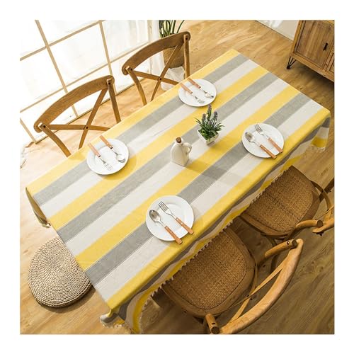 Nappe jaune et blanc à rayures en polyester 140x180 cm pour table rectangulaire