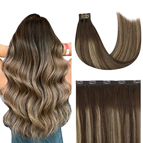 YoungSee One Piece Clip in Human Hair Brown Balayage One Piece Hair Extensions Clip in 16inch Dark Brown with Caramel Blonde Clip in Hair Extensions One Piece Full Head 1pc 70g