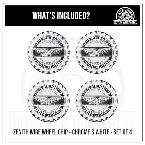 Image of Zenith Chrome & White Metal Wheel Chip Emblems (Set of 4) | Triple Chrome Plated Solid Metal Wheel Chip Emblems, 2.25 inch | for Lowriders with Cut or Recessed Knock Off Spinner Caps