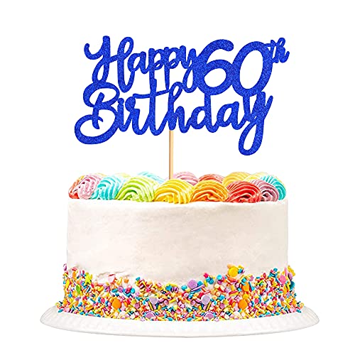 Unimall Bule Glitter 60th Happy Birthday Cake Topper Adult Food Picks for Celebrating Sixty Years Old Birthday Anniversary Party Decorations Supply