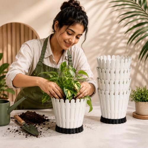 Image of TechHark Decorative Round Planter Pot with Picket Design, White with Black Base, 15 cm, Pack of 5
