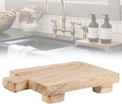 Wooden Soap Tray, Rectangular Wood Pedestal Stand for Kitchen & Bathroom Counter Decor, Tabletop Display, 6" W x 9" L x 2" H, 1 Pack