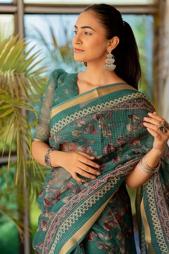 Image of MIRCHI FASHION Lightweight Kota Doria Cotton Saree | Floral Printed Summer Saree for Women | Breathable Ethnic Daily Wear Saree with Blouse Piece
