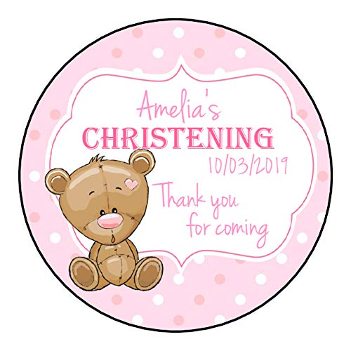 Personalised Christening Stickers For Girls Pink GLOSS Party Sweet Cone Bag Teddy Bear Polka Dot Design (6 Stickers (88mm diameter))
