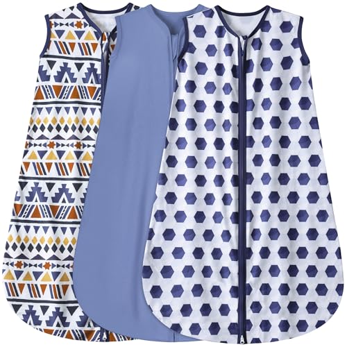 Image of BSTOPPT 3 Pack Baby Sleep Sack 100% Rayon Cotton Baby Sleeping Bag 2-Way Zipper Toddler Wearable Blankets TOG 0.3. (Soccer&Triangles&Blue, 12-18 Months)