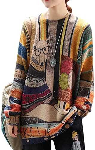 Janein Damen Pullover Oversize Lang Strickpullover Herbst Winter Rundhals Sweater mit Blumenmuster Weihnachtspullover JS01DE