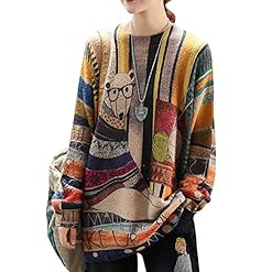 Janein Damen Pullover Oversize Lang Strickpullover Herbst Winter Rundhals Sweater mit Blumenmuster Weihnachtspullover JS01DE