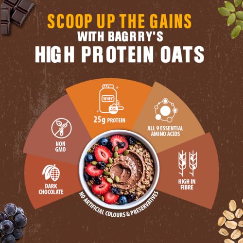 Image of Bagrry's High Protein Oats with 25g Protein per 100g- 750g Pouch | Dark Chocolate Oats with Raisins & Pumpkin Seeds | Whey Protein & Plant Protein Blend | High Fibre Breakfast Cereal | Instant High Protein Meal | Rolled Oats | No Refined Sugar | No Added Preservatives | Non GMO