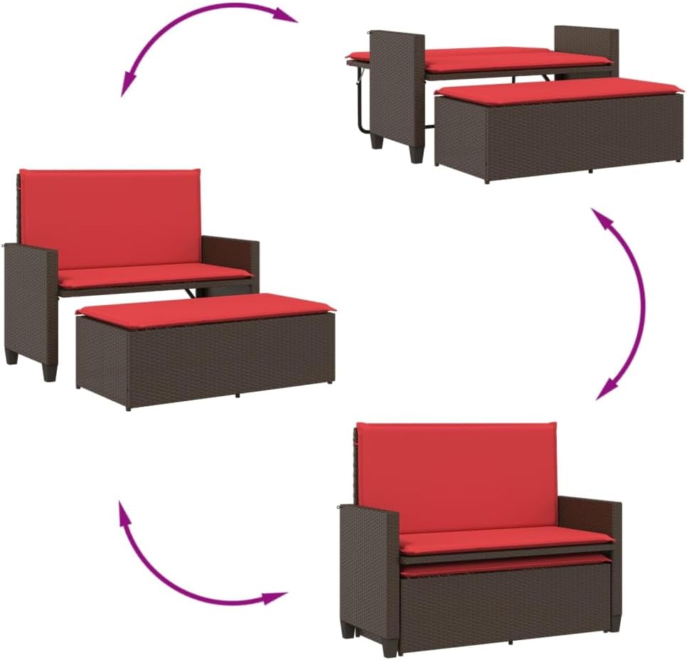 Brown 2-in-1 Patio Loveseat 48"x21.7"x38.2" PE Rattan Sofa Bed with Footstool & Red Cushions Weather-Resistant Outdoor Seating for Garden Poolside Porch