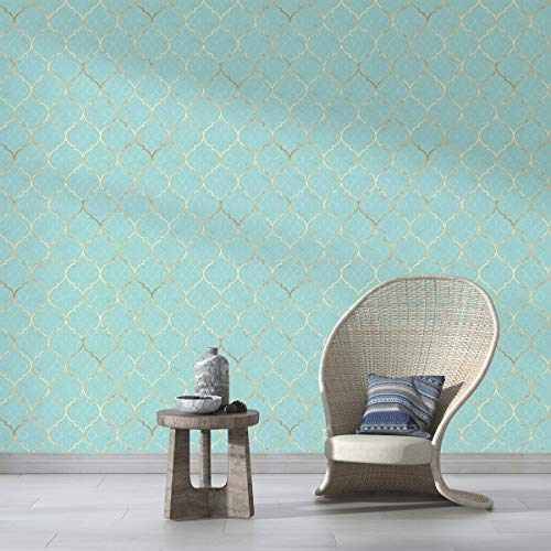 Image of DWELLSINDIA Light Cyan Moroccan Mosaic Wallpaper for Home Wall Decor | Self Adhesive Peel & Stick, Thick Textured Premium Paper | Waterproof, Scratch Resistant | Bathroom & Hallway | 41 x 244 cm