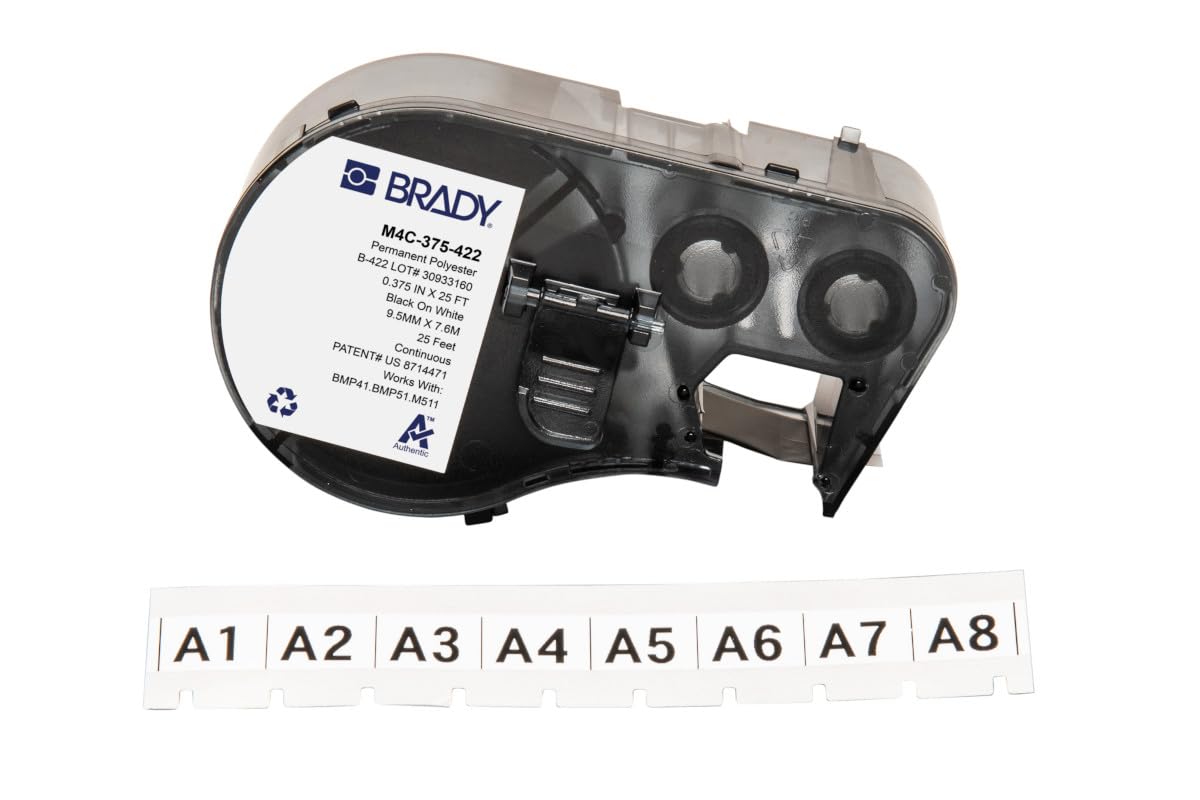 Brady Authentic (M4C-375-422) Aggressive Adhesive Multi-Purpose Polyester Labels 0.375 in Black on White. for use with The BMP41, BMP51, and M511 Label Printers