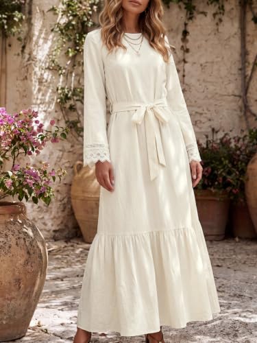 Image of LYANER Women's Tie Waist Crew Neck Casual Maxi Dress