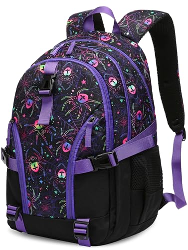 BLUEFAIRY Mochila escolar para ensino médio para adolescentes bolsa grande para livros, Preto/roxo, One Size, Araneida
