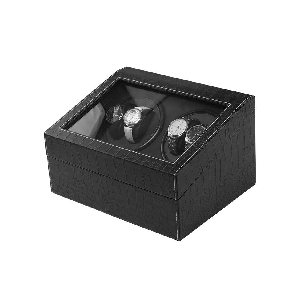 Caja enrolladora de relojes automáticos para 4 piezas con almacenamiento de madera y cuero negro