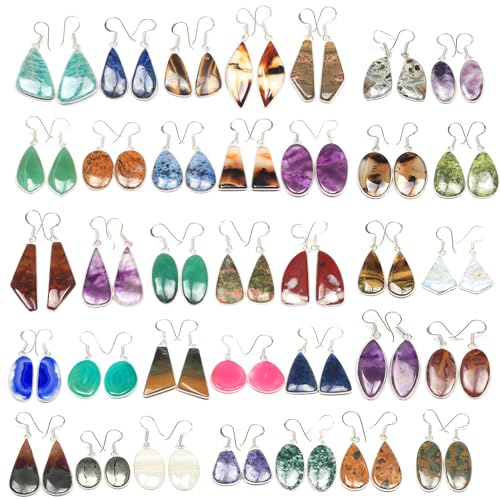 Earrings Set for Women - 20 Pairs Crystal Drop & Dangle Earrings, Assorted Natural Gemstones - Handcrafted