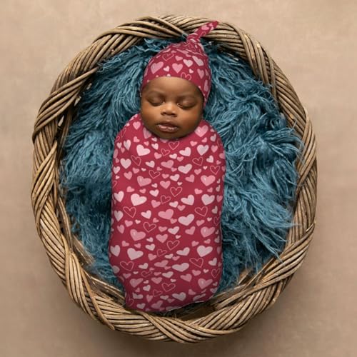 Image of Red Heart Newborn Swaddle Blanket with Beanie Set Soft Baby Sleep Sack Stretch Adjustable Swaddle Wraps Receiving Blankets