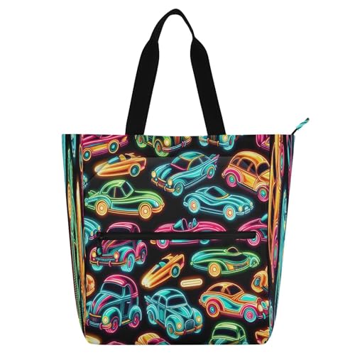 Neon Cars Book Tote Bag,Large Capacity Handbag with Zipper Perfect for School,Travel,Shopping