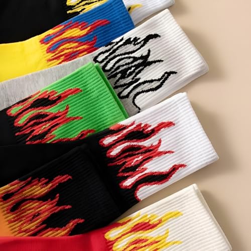 Image of Flame Design Crew Socks, Multicolor Cotton Blend, Athletic Style, Novelty Fire Pattern, 7 Pack