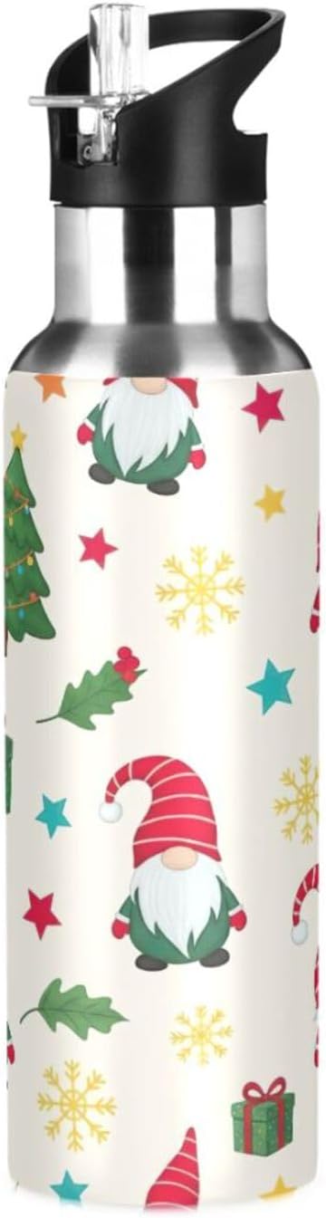 Cute Christmas Gnomes Red Hats Insulated Stainless Steel Water Bottle with Straw 32 Oz, BPA-Free Sport Water Bottle Leakproof Water Bottles