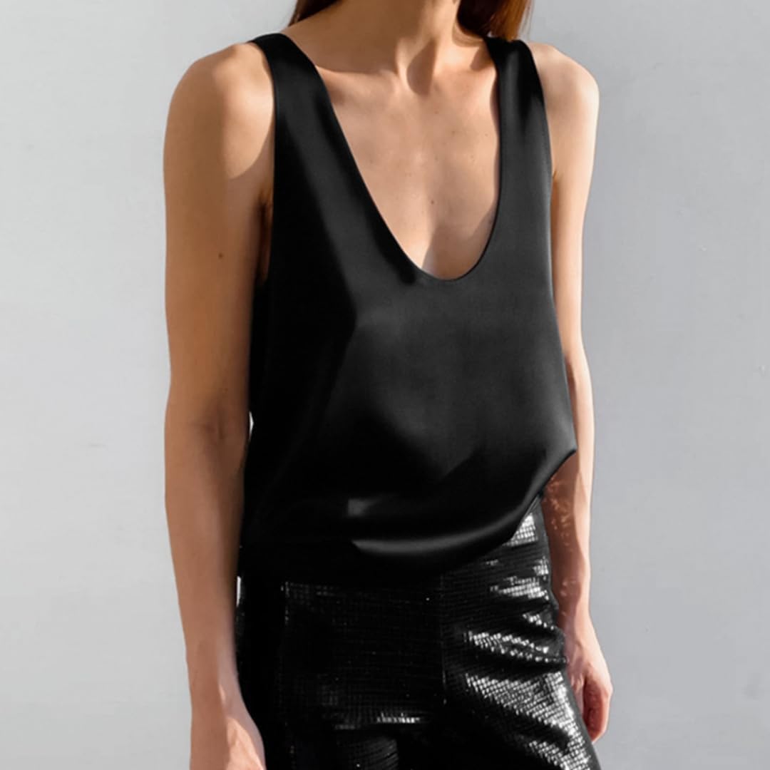 V Neck Tank Top for Women Camisole Basic Layering Shirts Summer Loose Fit Sleeveless Tops Silk Satin Tank Shirt - Image 6