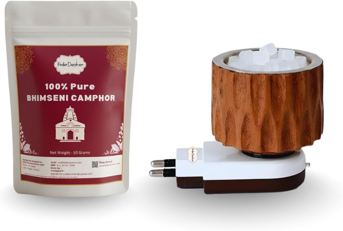 Bhimseni Camphor & Wooden Kapoor Dani Karpuram Bakhoor Oud Aroma Oil Diffuser Incense Dhoop Burner Electrical Stand Machine for Home Fragrance (Wooden Spiral +50gm Bhimseni)