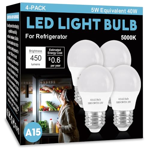 Image of LOXYEE LED Refrigerator Light Bulb 4 Pack，Daylight White 5000K 120V 40W Equivalent Appliance Bulb，A15 5W E26 Base Waterproof Fridge Light Bulbs for Freezer Home Lighting,Small Light Bulb,Dimmable