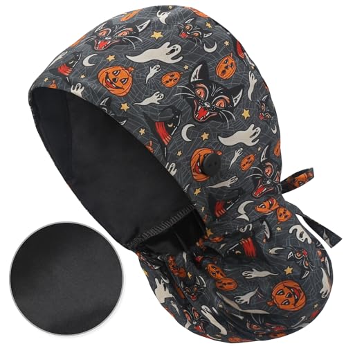 Image of QBA Adjustable Working Cap with Button, Satin-Lined Hat, Cotton Working Hat Sweatband, Elastic Tie Back Hats Unisex