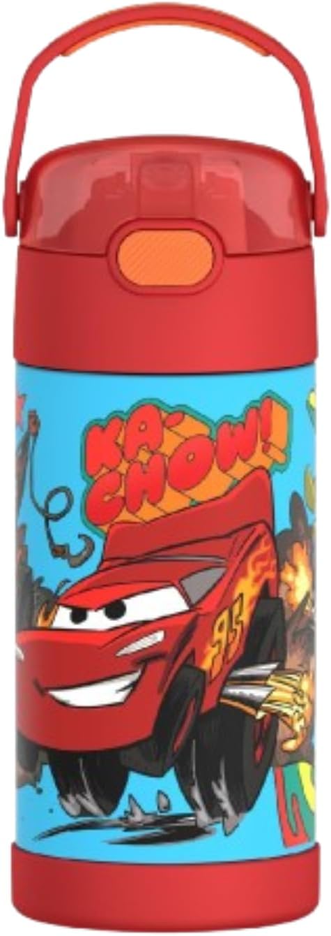 FUNTAINER Water Bottle with Straw - 12 Ounce - Kids Stainless Steel Vacuum Insulated Water Bottle with Lid, Cars